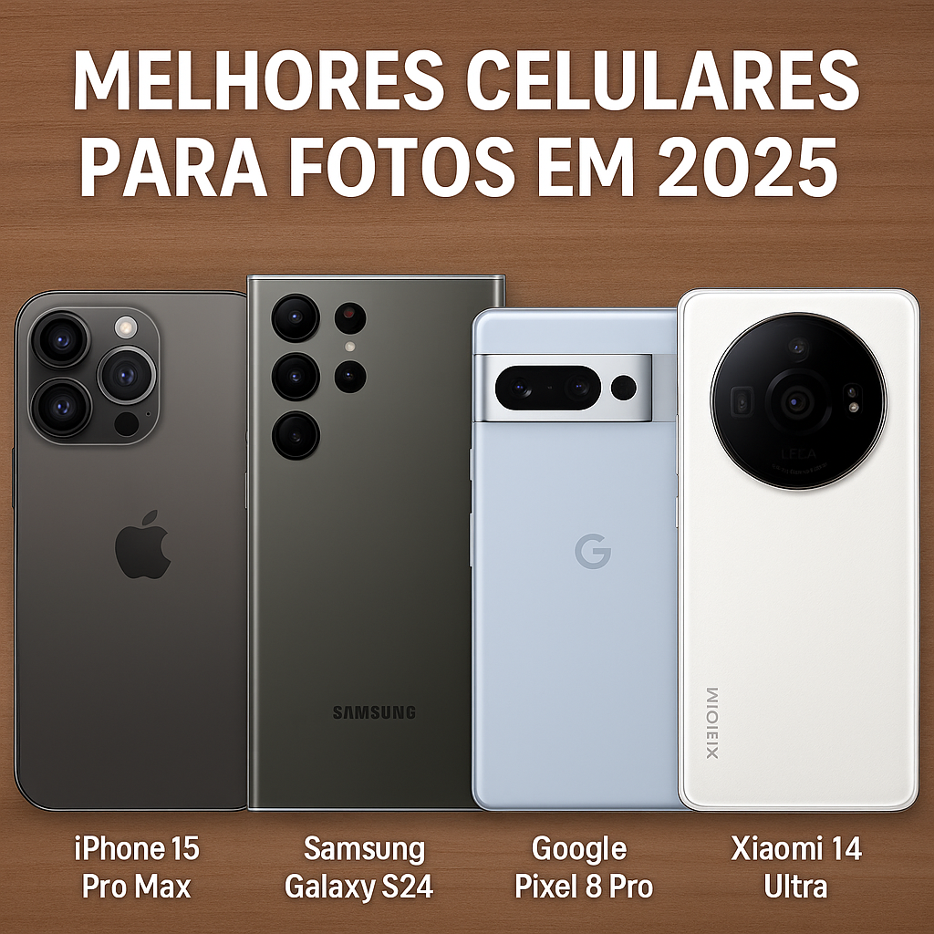 Imagem comparativa de quatro smartphones com câmeras avançadas: iPhone 15 Pro Max, Galaxy S24, Pixel 8 Pro e Xiaomi 14 Ultra