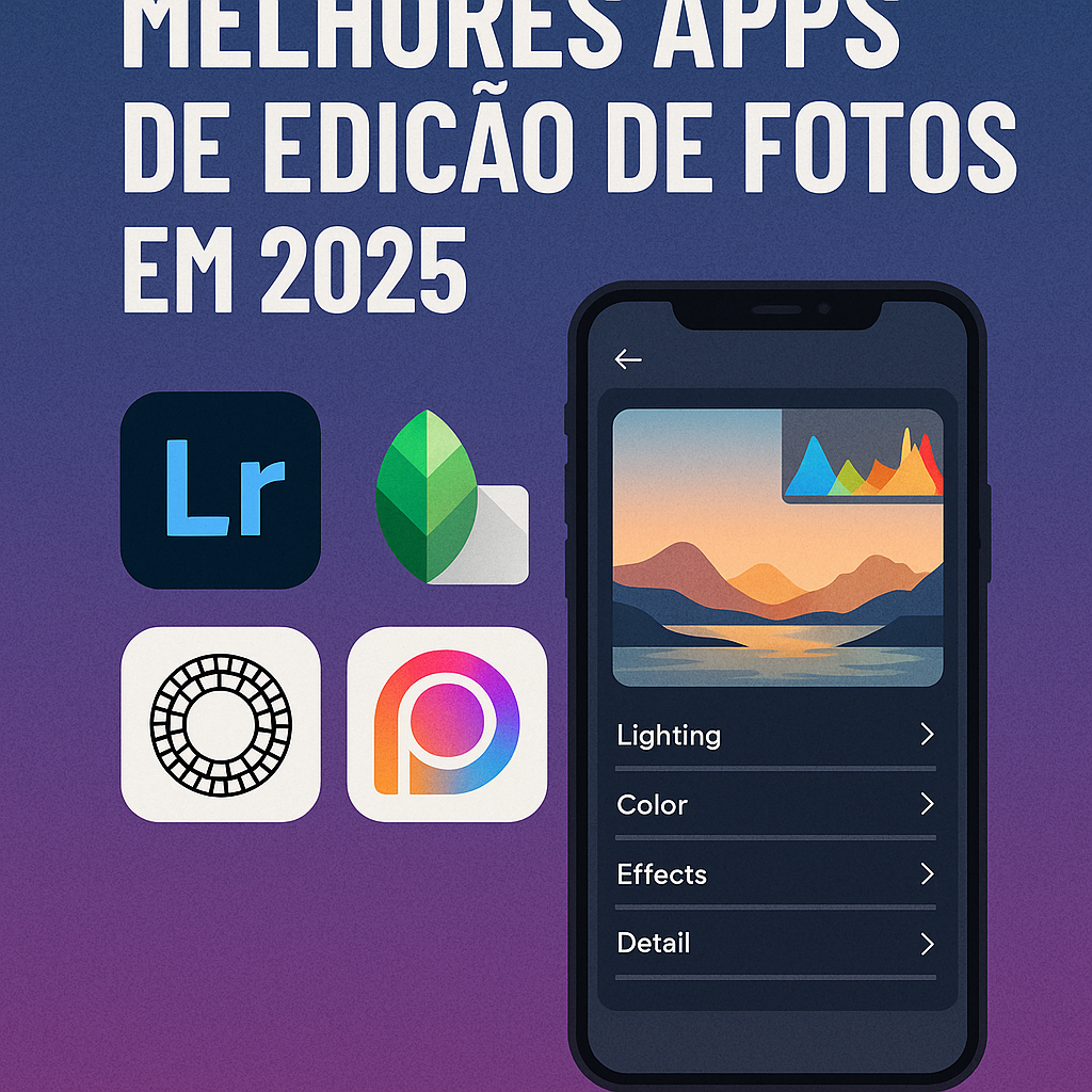 Tela de celular com app de edição aberto ao lado dos ícones do Lightroom, Snapseed, VSCO e PicsArt
