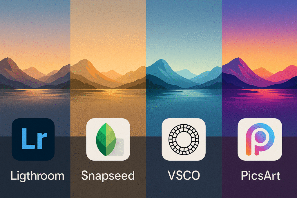 Montagem comparando uma mesma paisagem editada nos apps Lightroom, Snapseed, VSCO e PicsArt, com variação de cores e filtros