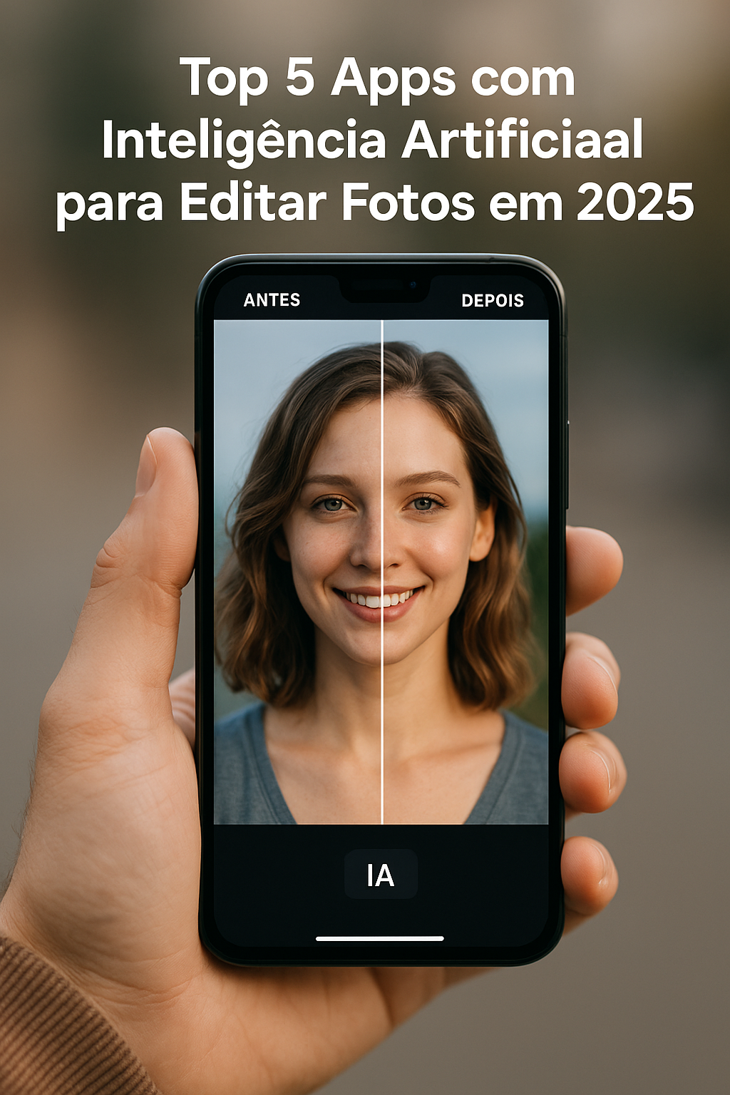 Pessoa segurando smartphone com tela dividida mostrando antes e depois da edição de uma foto usando inteligência artificial.