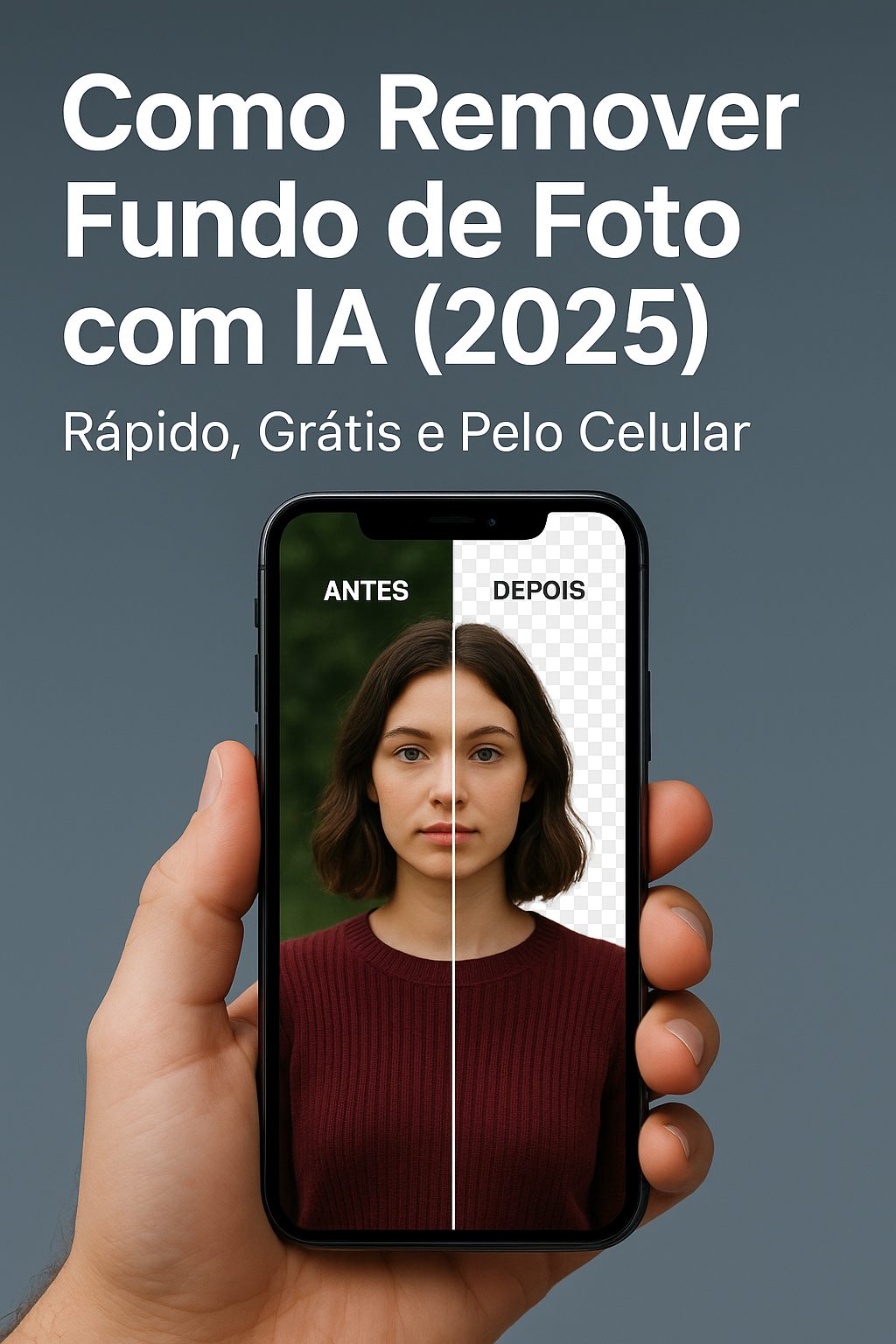 Pessoa segurando um celular que exibe o antes e depois da remoção de fundo de uma foto com inteligência artificial.