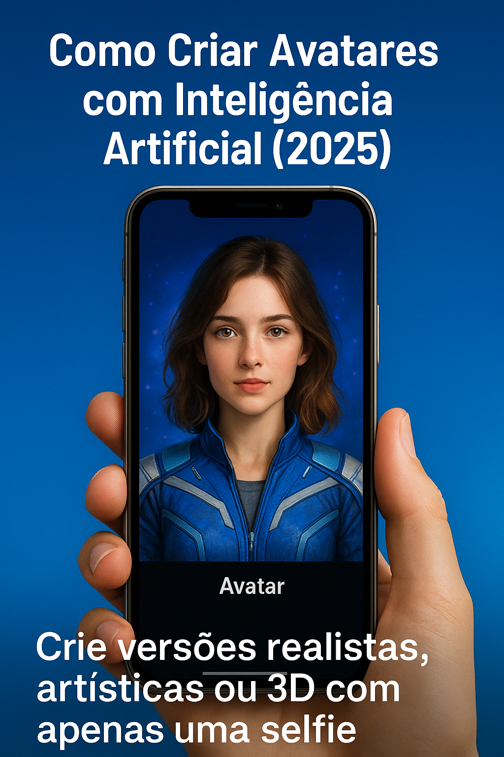 Interface de app mostrando avatares gerados por IA no celular, com estilos artísticos e realistas.