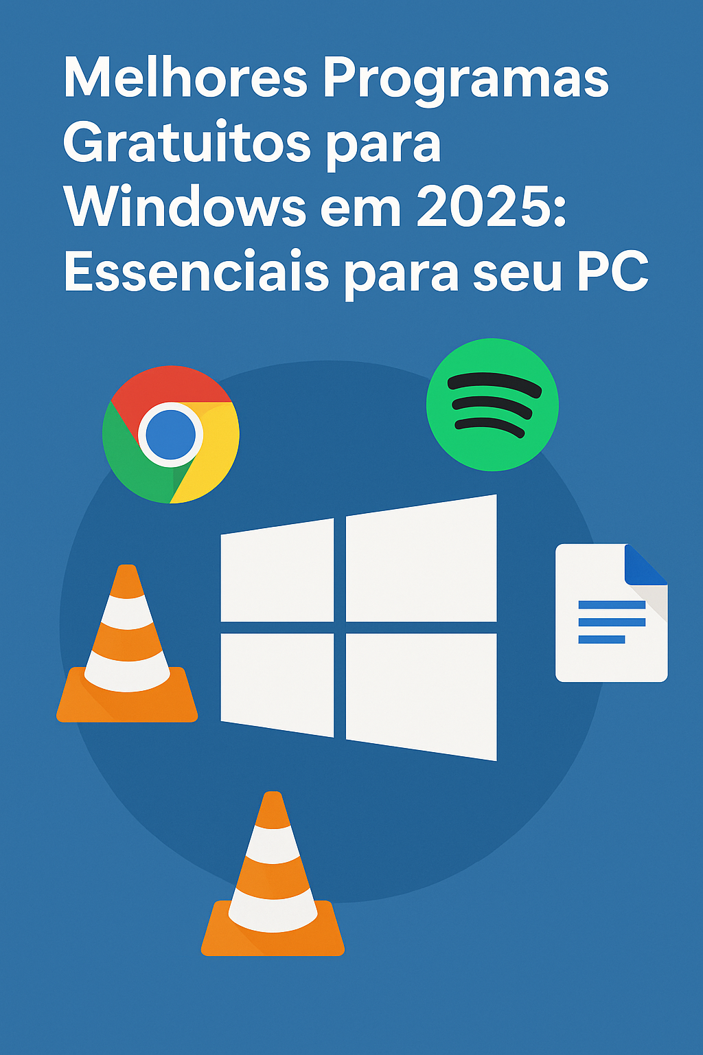 Imagem ilustrativa com o texto “Melhores Programas Gratuitos para Windows em 2025: Essenciais para seu PC” e ícones de programas como Chrome, VLC, Spotify e LibreOffice sobre fundo azul.