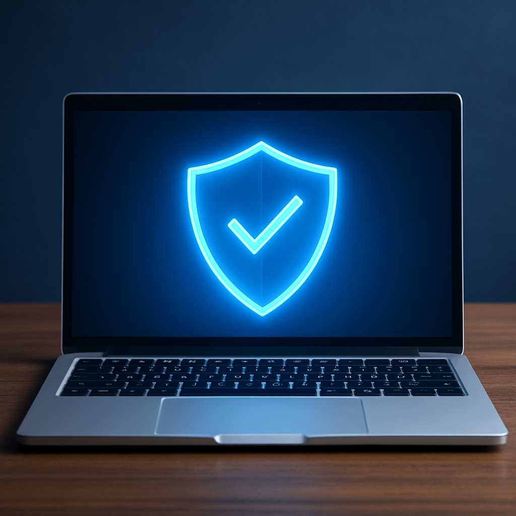 Notebook aberto com um holograma de escudo azul brilhante sobre a tela, simbolizando proteção antivírus em 2025
