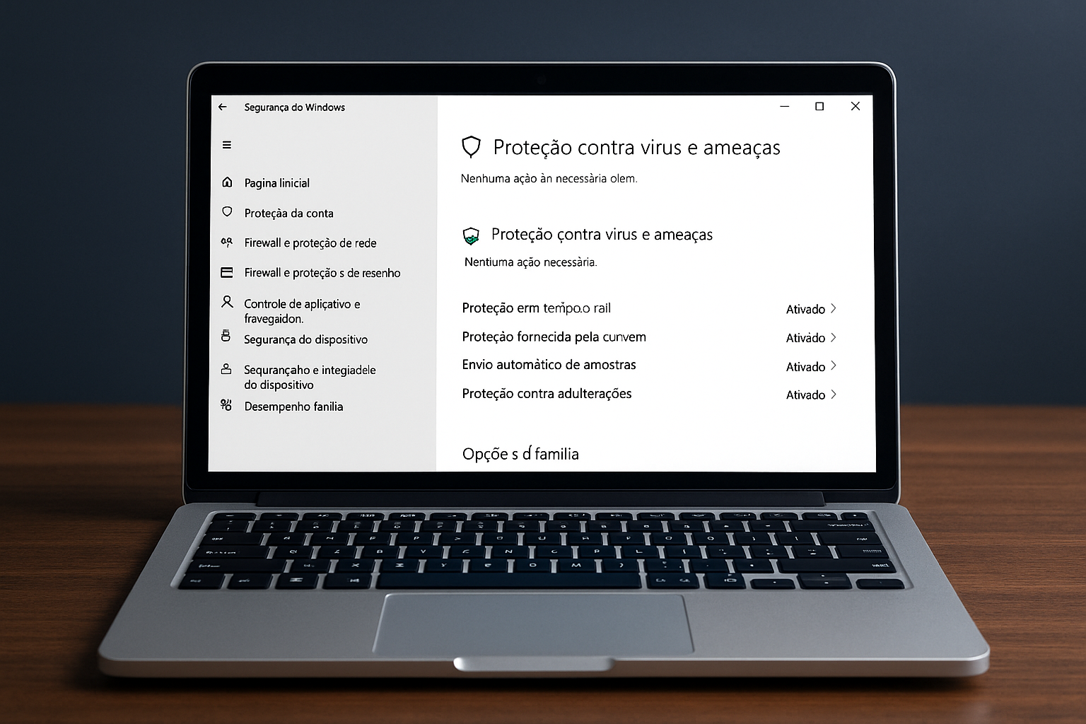 Tela de um notebook exibindo o painel do Windows Defender com proteção contra vírus e ameaças ativada em português, destacando configurações como proteção em tempo real e envio de amostras.